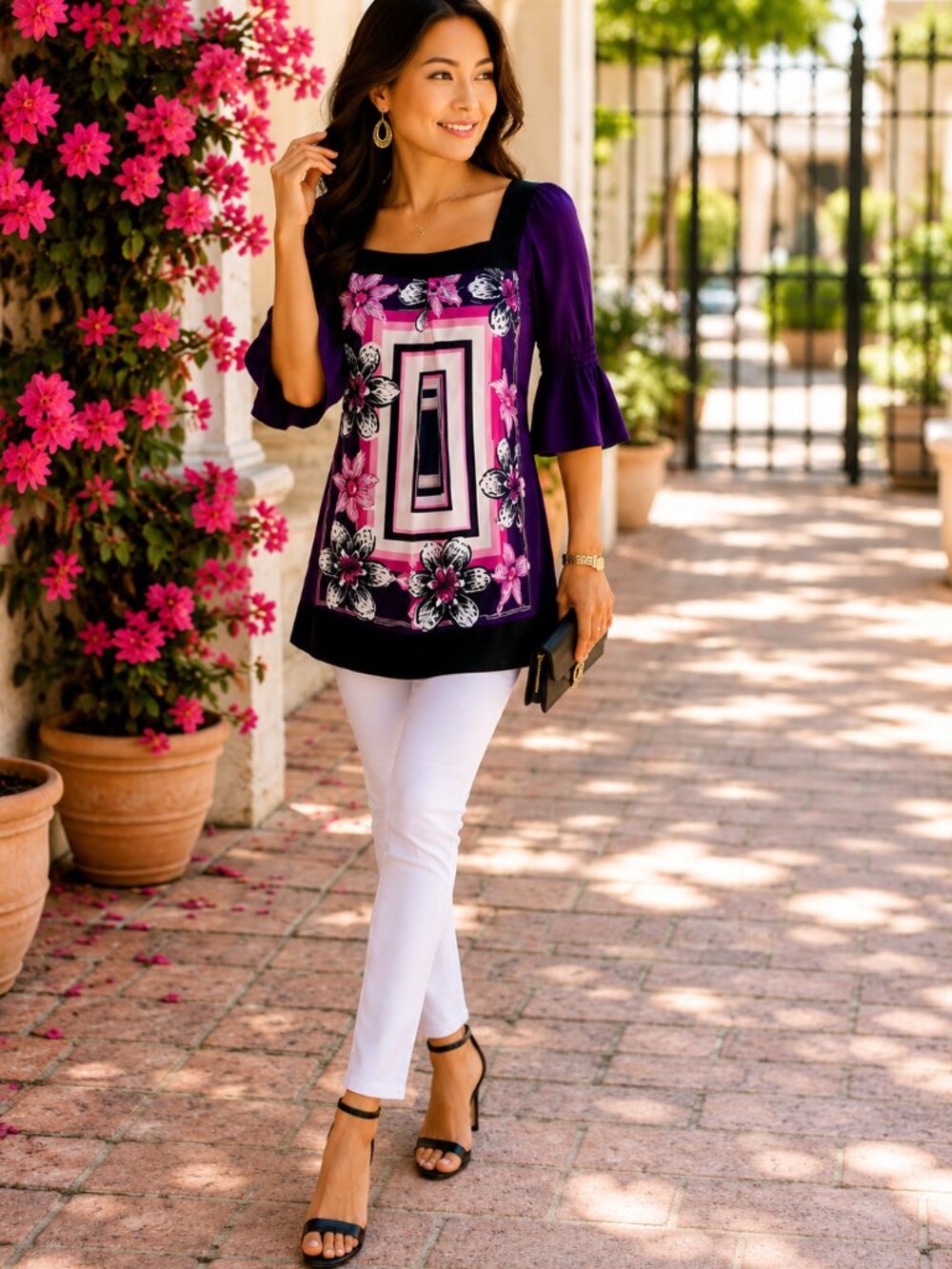 2B Bebe Purple Floral Boho Tunic Top Tie Back Bell Sleeve Small